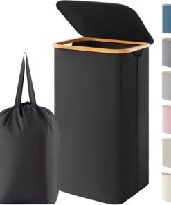 100L Laundry Basket with Lid, Dirty Clothes Bin with Bamboo Handles and A Removable Bag, Large Foldable Washing Basket for Bedroom, Bathroom, Dorm, Laundry Room, Black