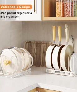 Alternative view of Expandable Pans Organiser Rack, Pan Lid Storage with 10 Adjustable Dividers, Pot Lid Holder, Kitchen Cupboard Organiser (White)