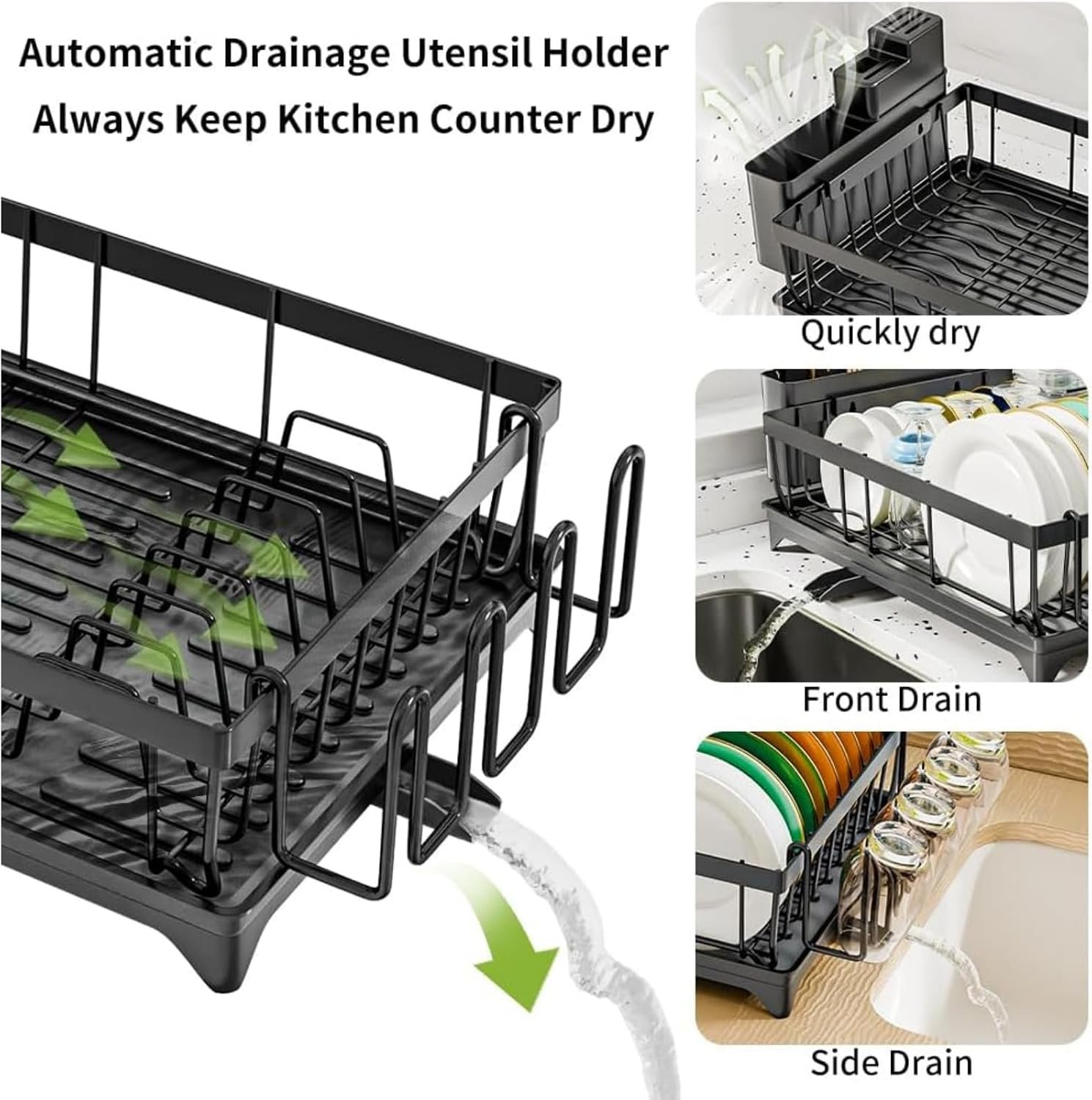 Dish Drainer Rack - Space Saving Dish Rack for Kitchen Counter, Kitchen Dish Drainer with Utensil Holder, Drain Board Cutlery Cup Holder Large Black - Image 5