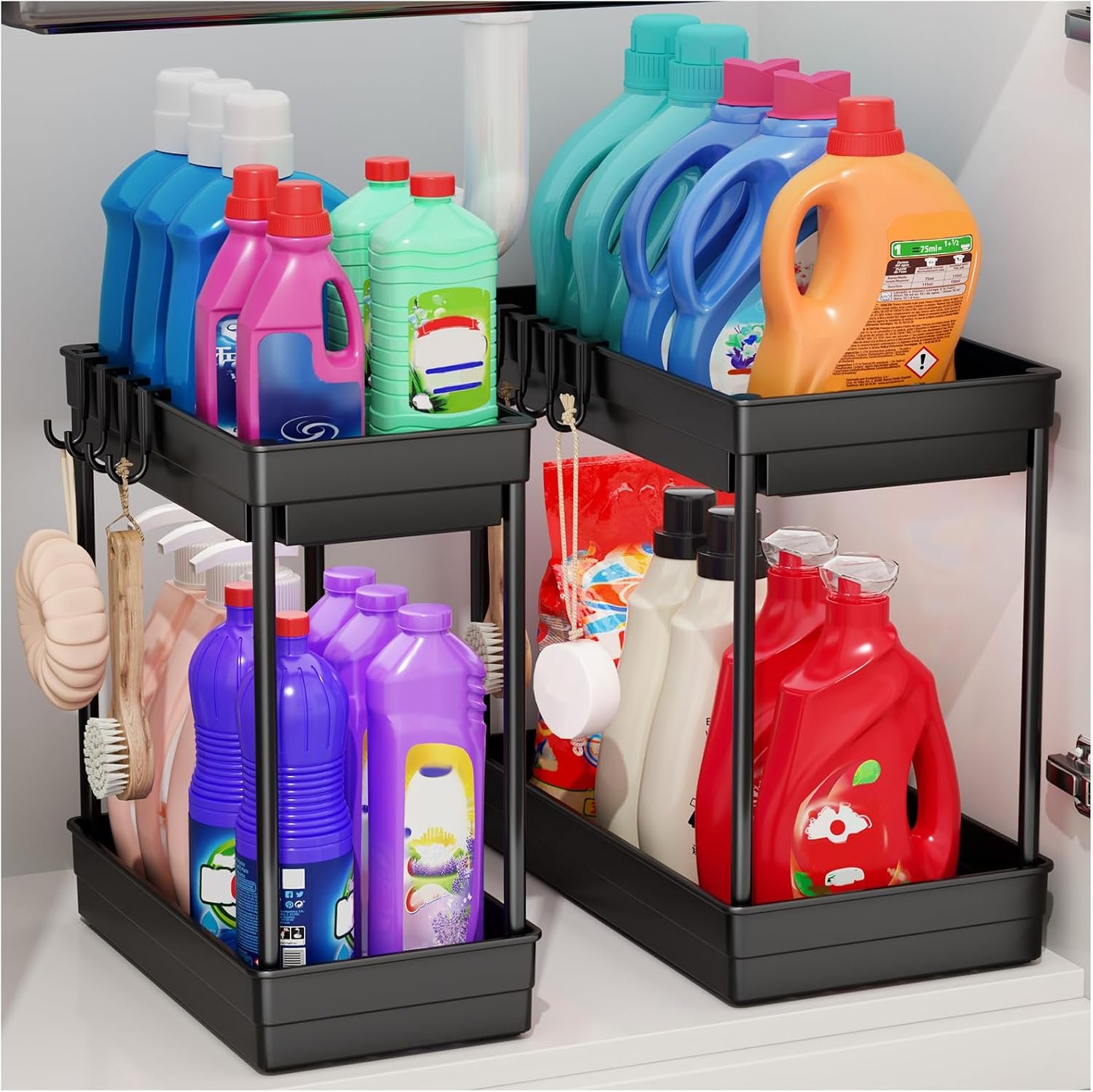 2 Pack Under Sink Storage, 2 Tier Kitchen Storage and Organisation | Cupboard Organiser, Under Sink Shelf, Under Cabinet Organizer with Hooks, for Bathroom Kitchen Countertop, 2 Size 1L+1M