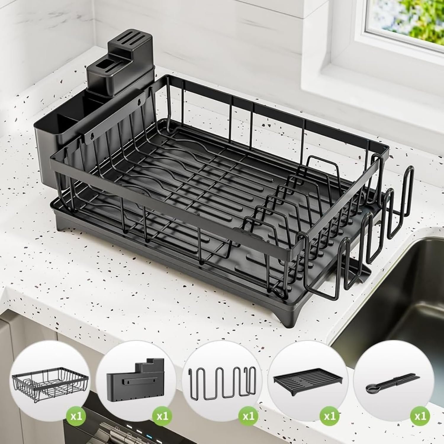 Dish Drainer Rack - Space Saving Dish Rack for Kitchen Counter, Kitchen Dish Drainer with Utensil Holder, Drain Board Cutlery Cup Holder Large Black - Image 4