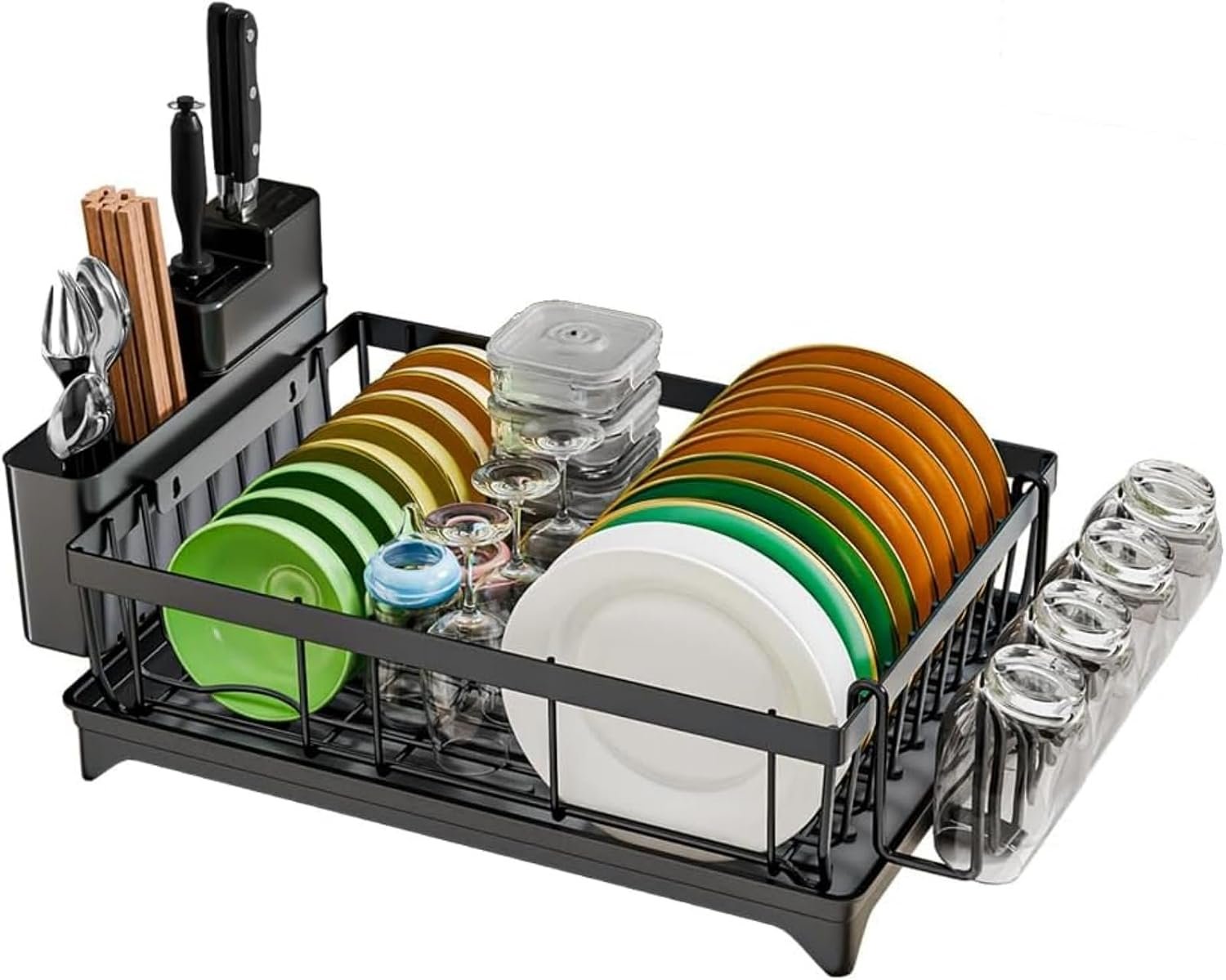 Dish Drainer Rack - Space Saving Dish Rack for Kitchen Counter, Kitchen Dish Drainer with Utensil Holder, Drain Board Cutlery Cup Holder Large Black - Image 3
