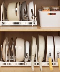 Expandable Pans Organiser Rack, Pan Lid Storage with 10 Adjustable Dividers, Pot Lid Holder, Kitchen Cupboard Organiser (White)
