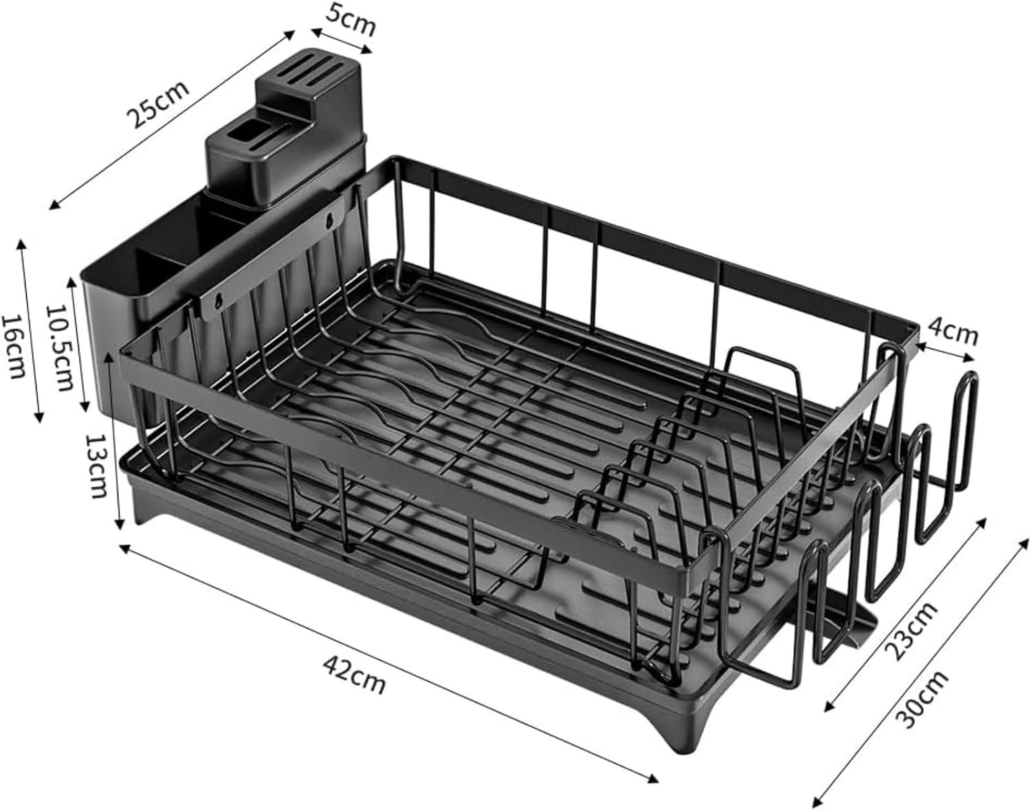 Dish Drainer Rack - Space Saving Dish Rack for Kitchen Counter, Kitchen Dish Drainer with Utensil Holder, Drain Board Cutlery Cup Holder Large Black - Image 2