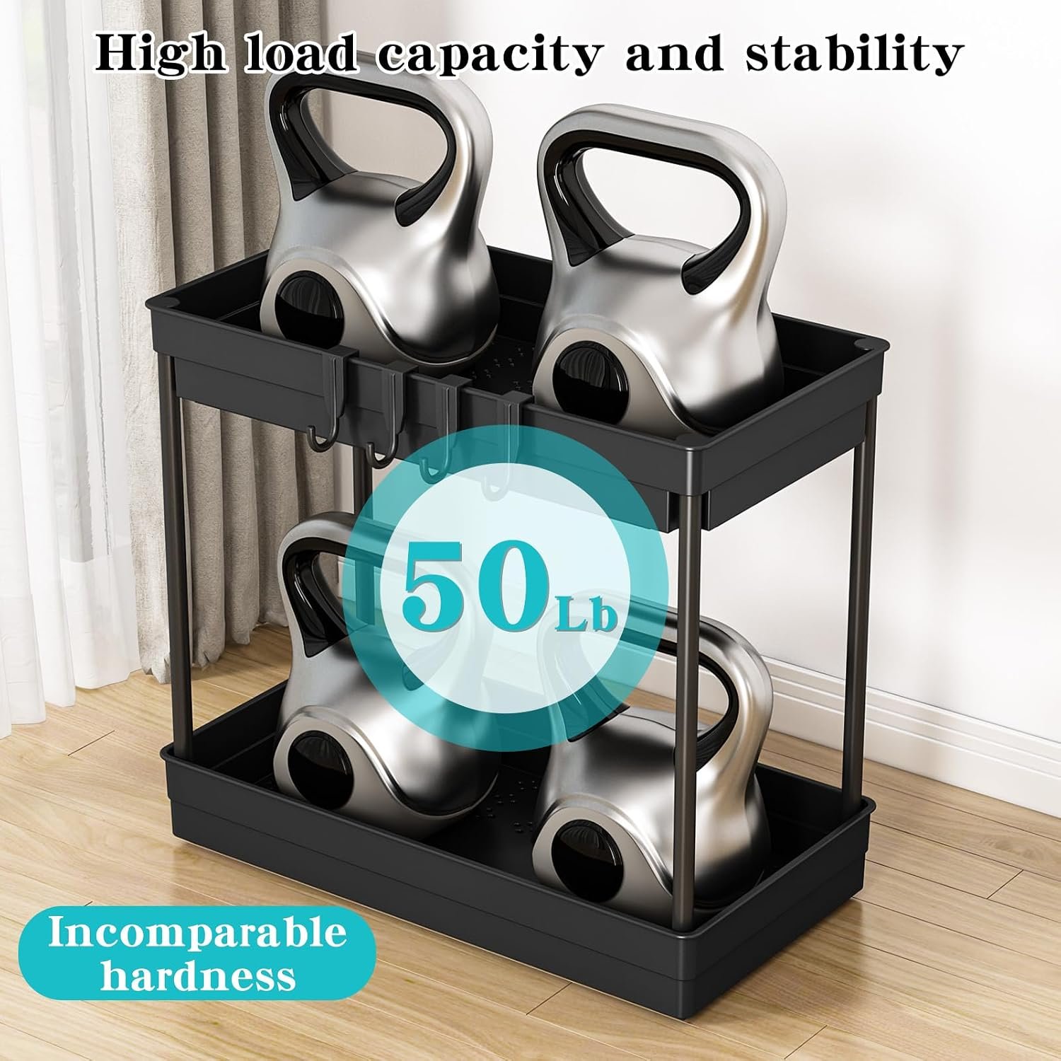2 Pack Under Sink Storage, 2 Tier Kitchen Storage and Organisation | Cupboard Organiser, Under Sink Shelf, Under Cabinet Organizer with Hooks, for Bathroom Kitchen Countertop, 2 Size 1L+1M - Image 5