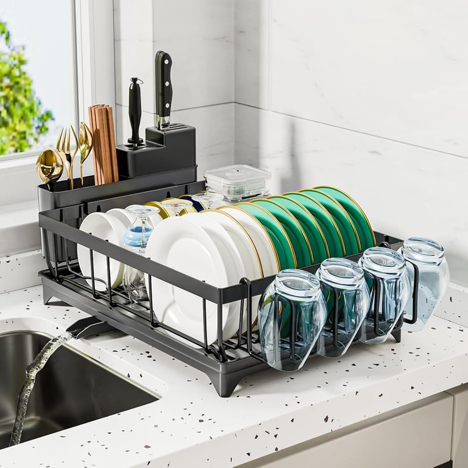 Dish Drainer Rack - Space Saving Dish Rack for Kitchen Counter, Kitchen Dish Drainer with Utensil Holder, Drain Board Cutlery Cup Holder Large Black