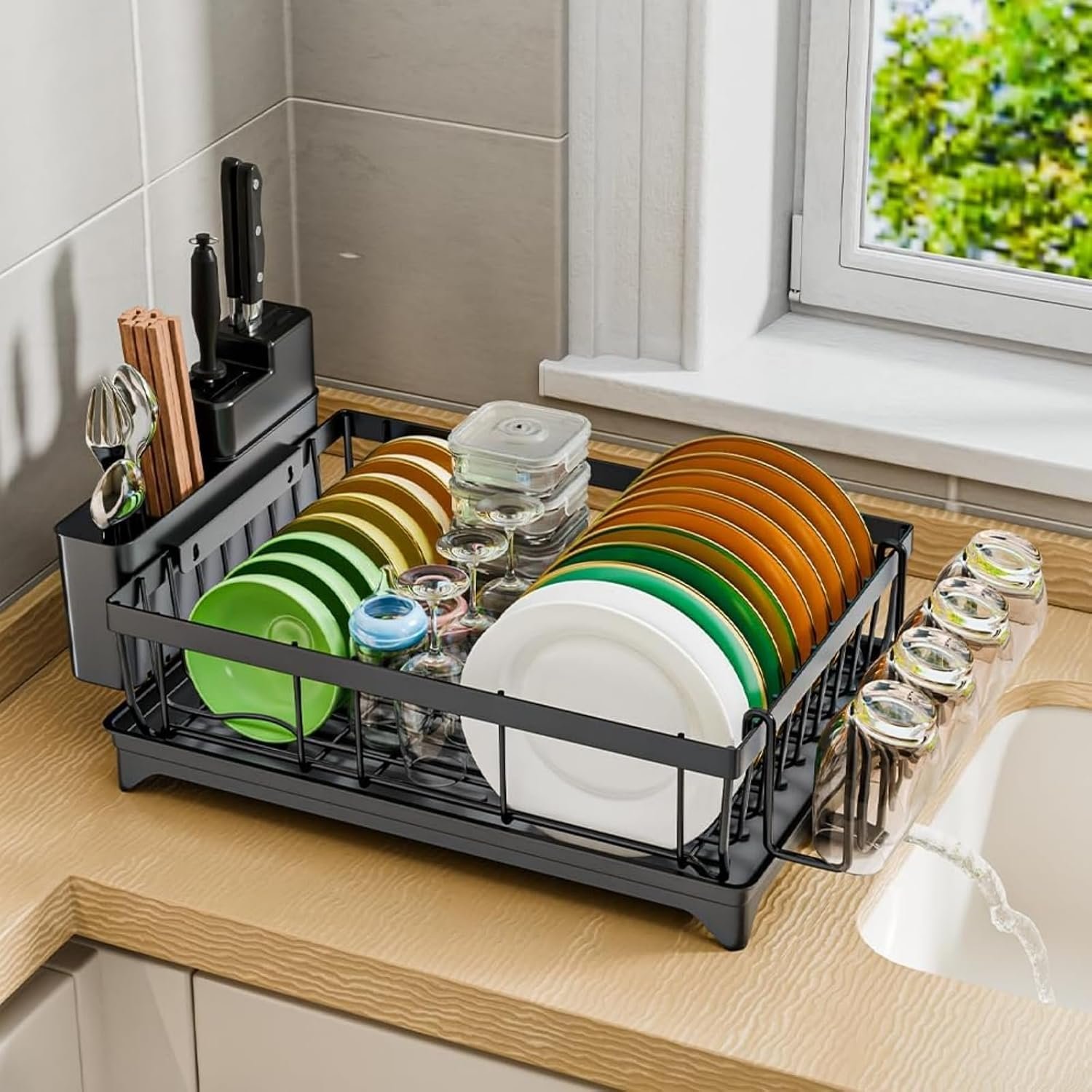 Dish Drainer Rack - Space Saving Dish Rack for Kitchen Counter, Kitchen Dish Drainer with Utensil Holder, Drain Board Cutlery Cup Holder Large Black - Image 7