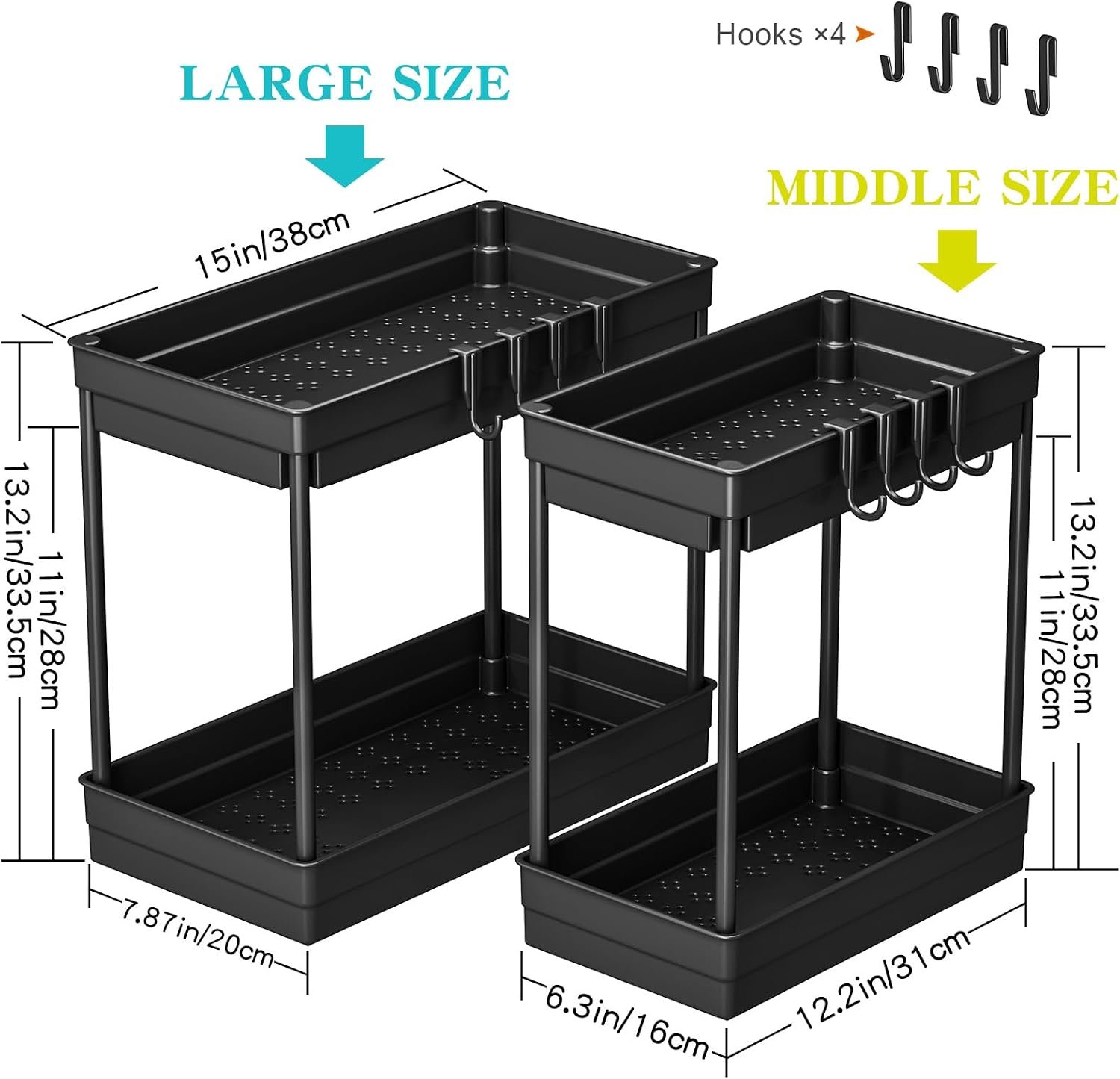2 Pack Under Sink Storage, 2 Tier Kitchen Storage and Organisation | Cupboard Organiser, Under Sink Shelf, Under Cabinet Organizer with Hooks, for Bathroom Kitchen Countertop, 2 Size 1L+1M - Image 2