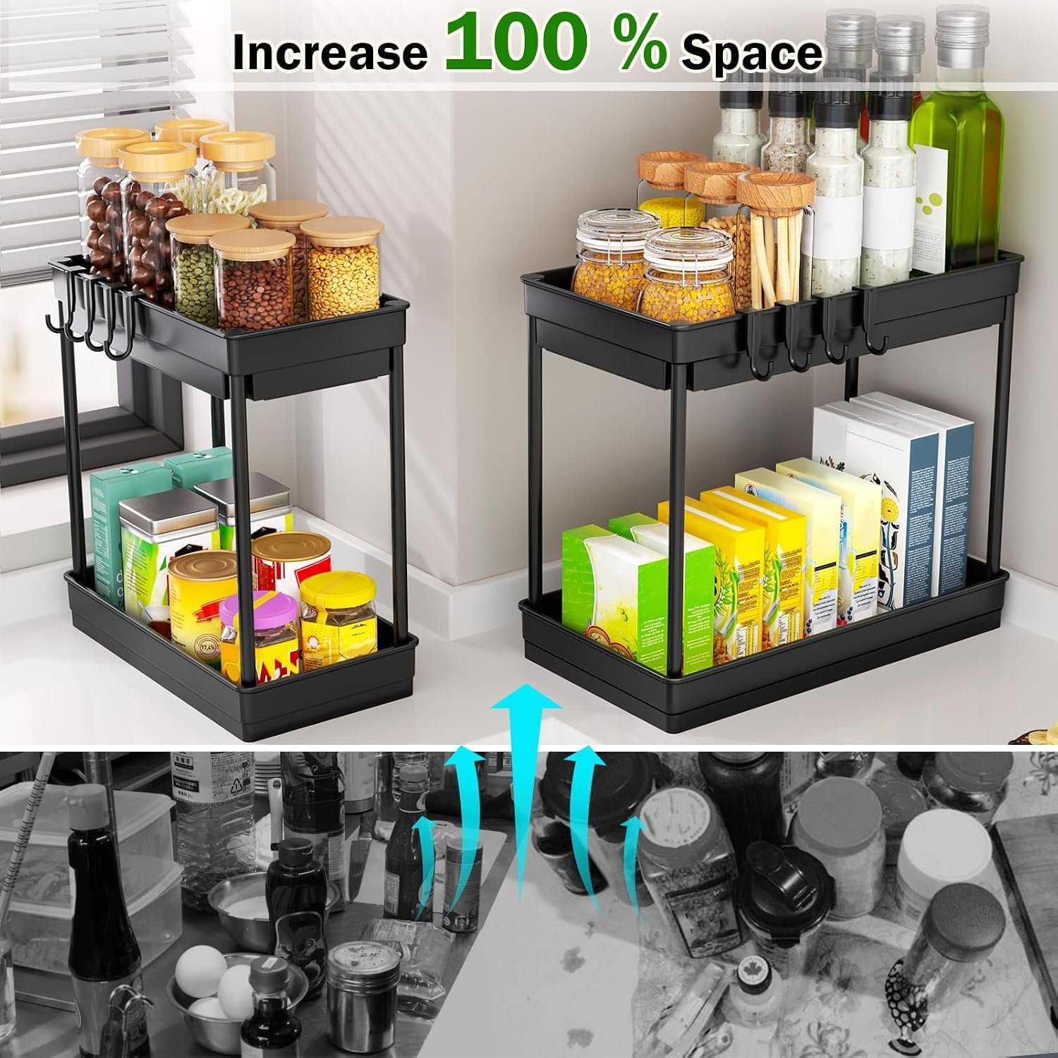 2 Pack Under Sink Storage, 2 Tier Kitchen Storage and Organisation | Cupboard Organiser, Under Sink Shelf, Under Cabinet Organizer with Hooks, for Bathroom Kitchen Countertop, 2 Size 1L+1M - Image 4