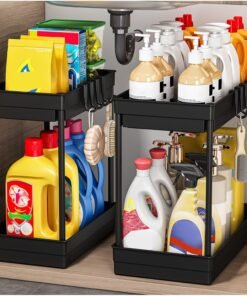 2 Pack Under Sink Storage - Kitchen Storage and Organisation, 2 Tier Kitchen Under Sink Shelf, Multi-Purpose Organisation for Bathroom,Black | Under Sink, Sink, Bathroom, Multipurpose, Cabinet Organiser, Space Saving