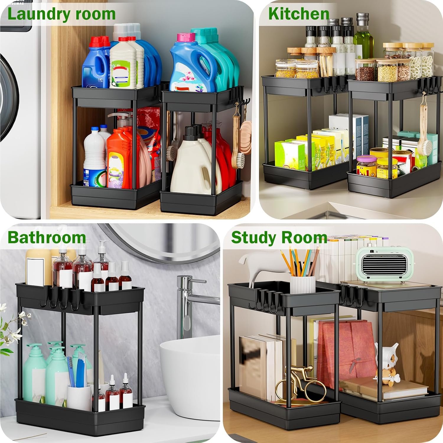 2 Pack Under Sink Storage, 2 Tier Kitchen Storage and Organisation | Cupboard Organiser, Under Sink Shelf, Under Cabinet Organizer with Hooks, for Bathroom Kitchen Countertop, 2 Size 1L+1M - Image 3